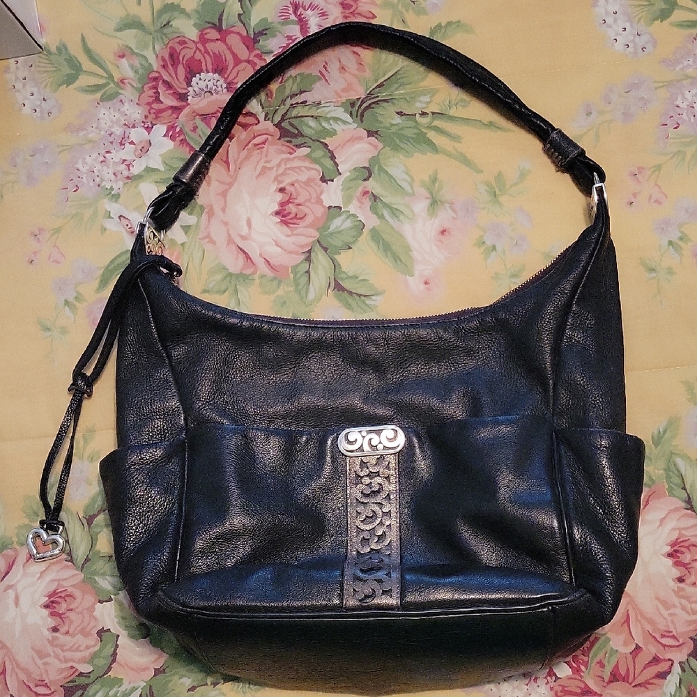 Black Leather Brighton Ziptop Hobo Bag